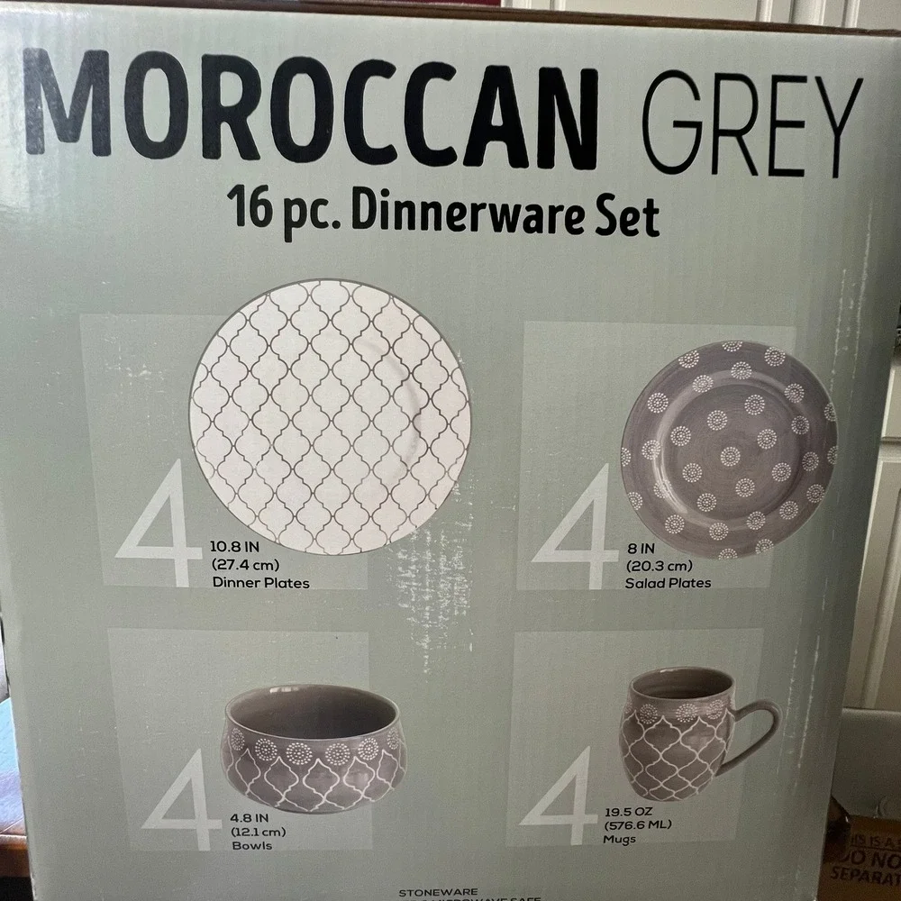 Baum Dinnerware Set Moroccan Grey 16pc Grey New Service for 4 Stoneware